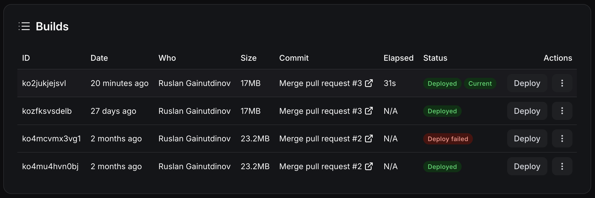 Builds table in the app overview