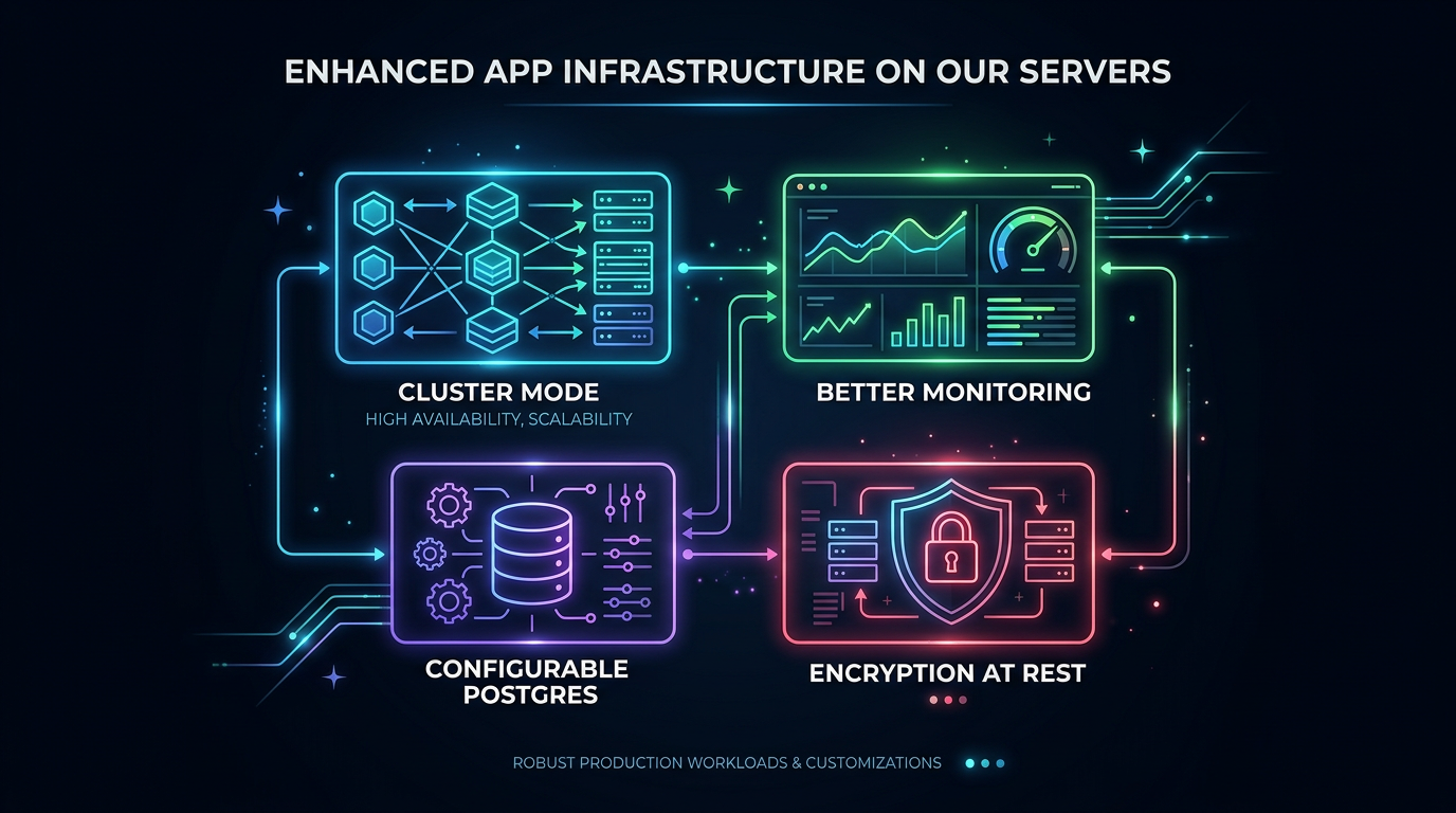 New release 1.38 - Local cluster mode, better monitoring, configurable Postgres, encryption at rest, and more.